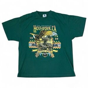 Vintage 1998 Hollister Biker Rally Green Graphic T-Shirt Mens XL Made In USA VTG